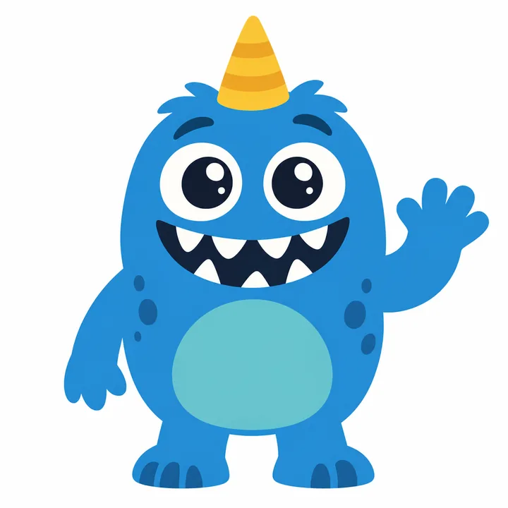 Cartoon of a blue one-horned monster waving, with a toothy grin
