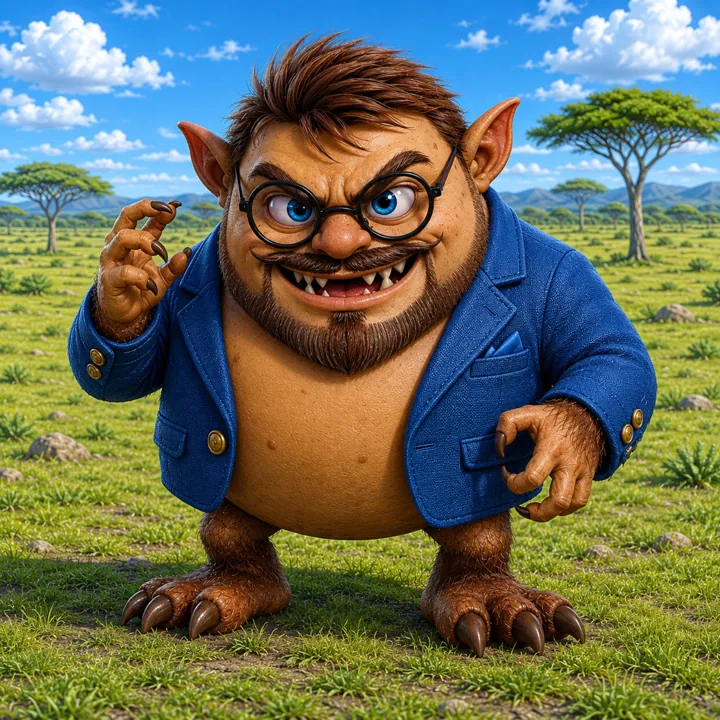 Colorful illustration of a grinning goblin in glasses and a blue blazer