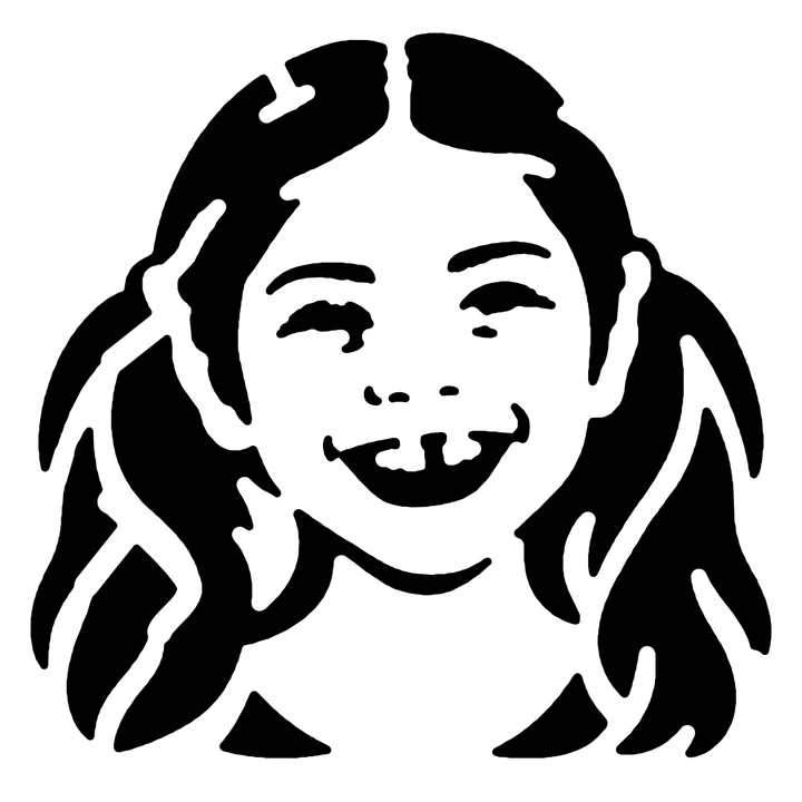Black-and-white Challenging carving pattern of the girl's face, smile, and pigtails