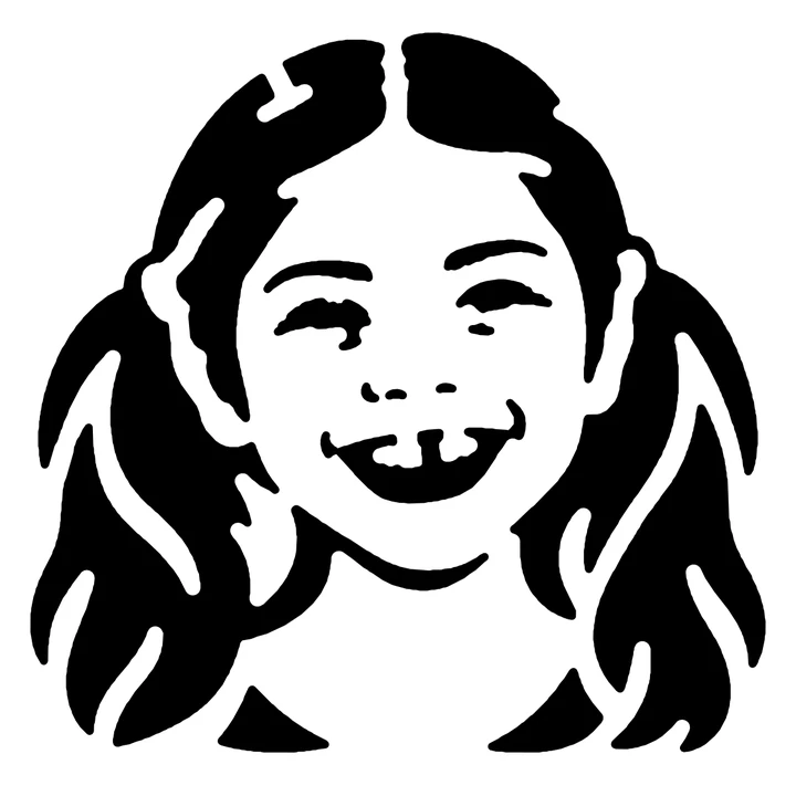 Black-and-white Challenging carving pattern of the girl's face, smile, and pigtails