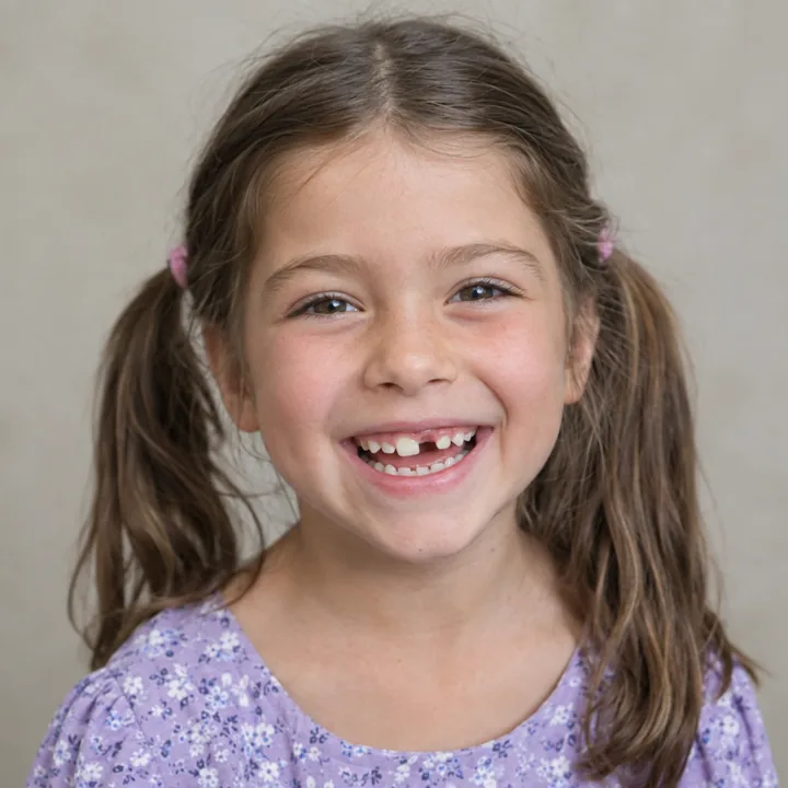 Photo of a laughing girl with pigtails and a gap-toothed smile