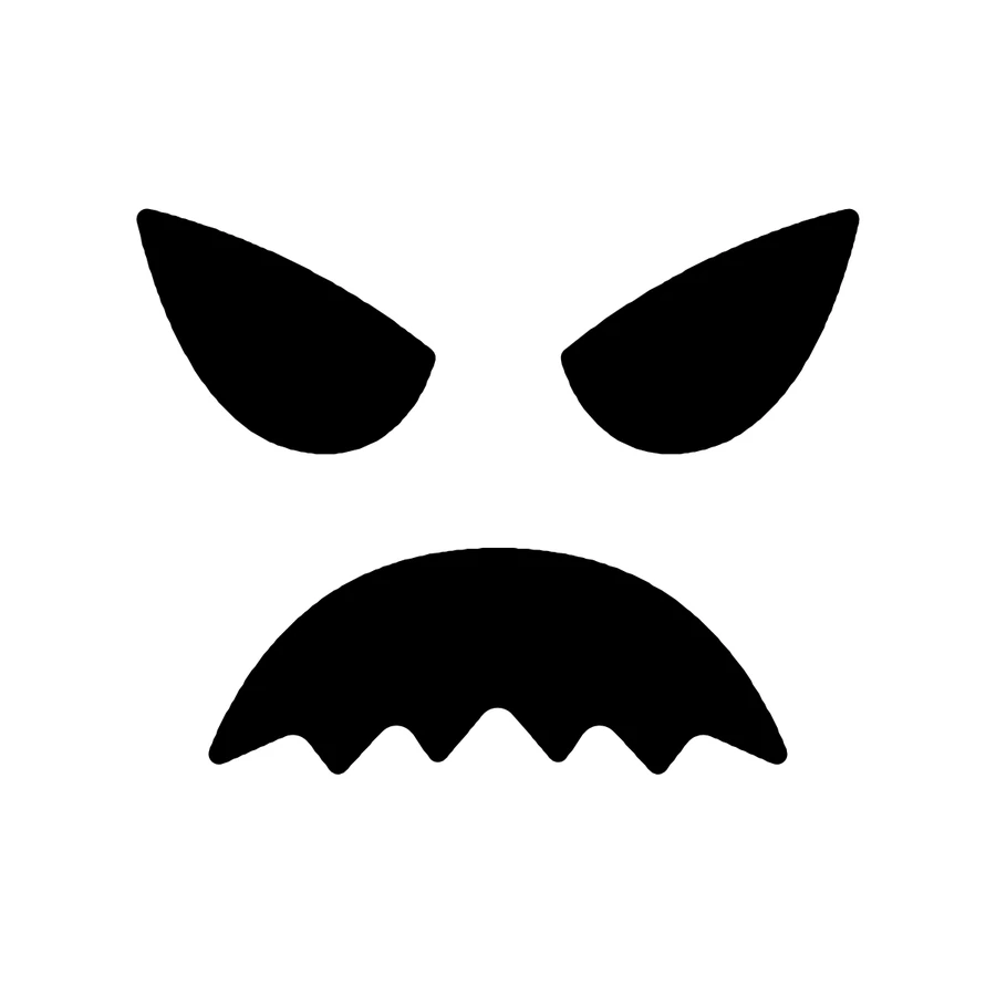 Scowling Ghost Face pumpkin stencil, shown glowing
